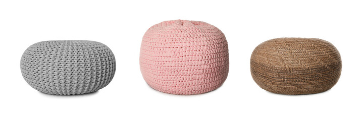 Different poufs isolated on white, set. Interior element