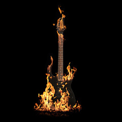 Electric guitar in flames on black background