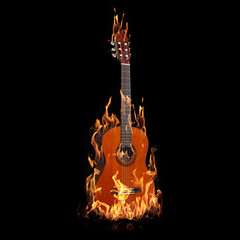 Acoustic guitar in flames on black background