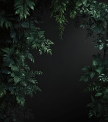 Deep emerald tropical foliage, tangled vines cast shadows on black backdrop ,  deep green,  dark
