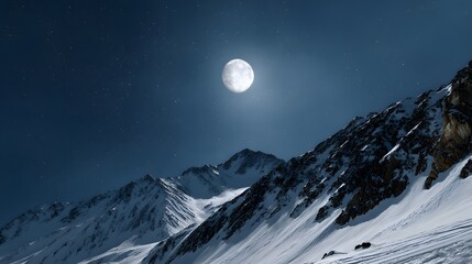 Moonlit sky over snowy mountains background 