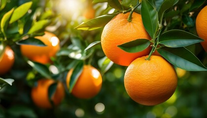 close up of valencia oranges on tree with lush green background and abundant citrus harvest