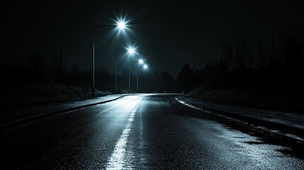 Eerie Night Road with Streetlights Illuminating a Wet Paved Surface Path