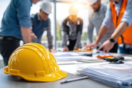 Yellow hard hat placed on a table with construction plans, while a group of professionals collaborates in the background, showcasing teamwork and project planning in a bright workspace