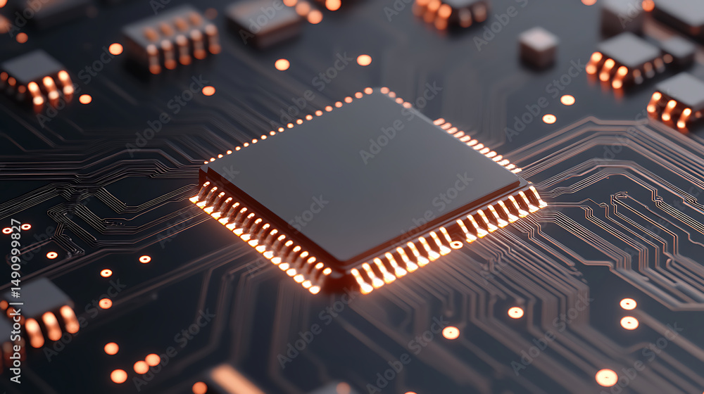 Poster close-up of a circuit board with a central integrated circuit emitting a warm glow, surrounded by sm