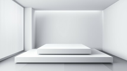 Fototapeta premium Contemporary White Interior Showcasing a Clean and Minimalist Design, Featuring a Stepped Platform Ideal for Art Exhibits or Product Displays