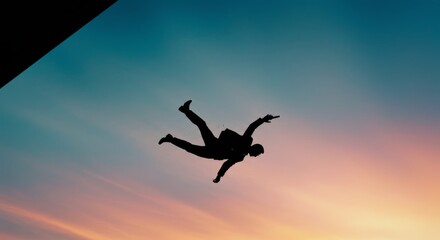 Silhouette of a Secret Agent Skydiving with a Gun in a Dramatic Sky During Twilight