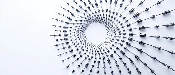 Abstract spiral of small dark gray objects on white background.
