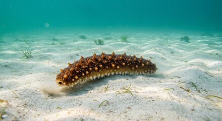 Close-up of a spiky sea cucumber resting on the sandy ocean floor