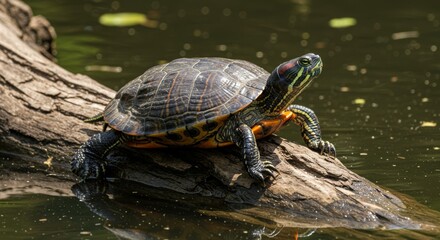 Detailed close-up of a Red-Eared Slider basking on a log in a pond on a sunny day