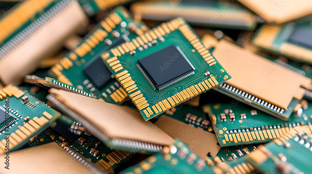 Aufkleber electronic components: a close-up shows a pile of circuit boards and memory chips. green circuit boa