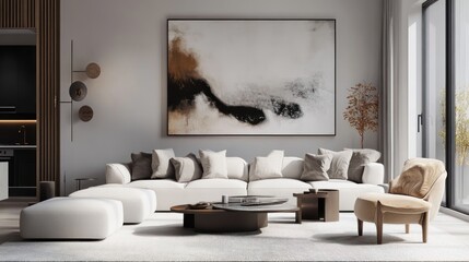Minimalist living room interior design with abstract art and neutral color palette