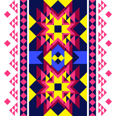 Obraz premium seamless ethnic geometric pattern, Native American tribal fabric, Native weaving, Yellow, pink, blue, ethnic boho indian, rugs, wallpaper, embroidery, vector illustration design, cards, picture books