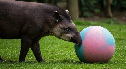 Fototapeta premium A playful malayan tapir interacts with a large colorful ball in a lush green field at the local zoological park on a bright sunny day