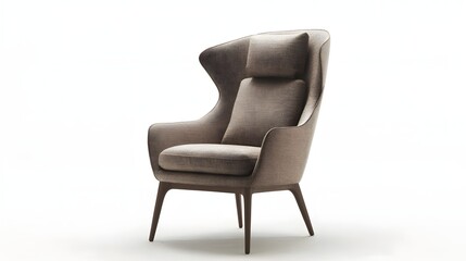 Modern upholstered wingback chair, presented in  setting.
