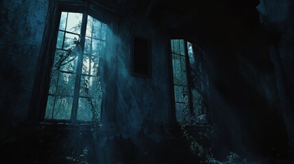 Eerie twilight lingers within aged walls overgrown, nature reclaims haunted haven