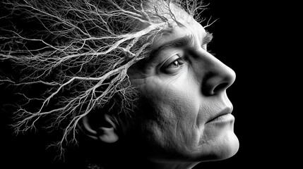 Black and White Portrait of Elderly Woman with Hair Made of Tree Roots and Intertwined Branches