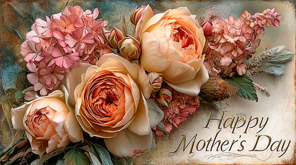 Vintage-Inspired Mother's Day Postcard with Pastel Roses and Hydrangeas