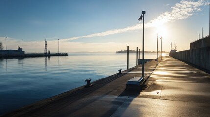 Fototapeta premium Peaceful harbor walkway embracing the tranquil reflection during golden hour