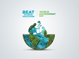 Fototapeta na wymiar #BeatPlasticPollution, World Environment day concept 2025 3d tree background. 