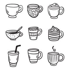 Set of Tea or coffee cup vector doodle hand drawn line illustration