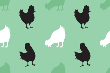Seamless horizontal pattern with silhouettes hen on green background. Vector illustration for fabric, children textile, apparel, nursery decoration, gift wrap paper. 