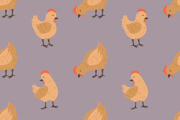 Seamless horizontal pattern with cute hen, chicks on purple background. Vector illustration for fabric, children textile, apparel, nursery decoration, gift wrap paper. 