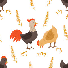Cute hand drawn rooster on white background. Flat vector illustration in children's style.