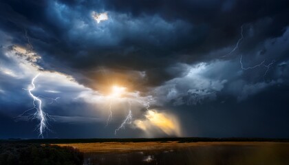 dramatic stormy sky with dark clouds and lightning sun peeking through weather background