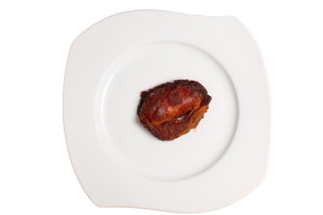 Single smoked meat piece on white plate isolated
