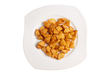 Golden fried potato cubes on modern white plate

