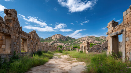 Ancient ruins stand against a vibrant blue sky with scattered clouds, showcasing the historical architecture and landscape of a forgotten civilization in India.