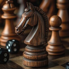Wooden chess horse on a chessboard. Close-up.