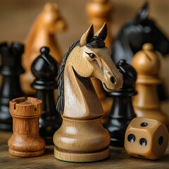 Wooden chess pieces on a wooden table. Vintage style. Selective focus.