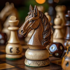 Wooden chess pieces on a chessboard, vintage style, selective focus