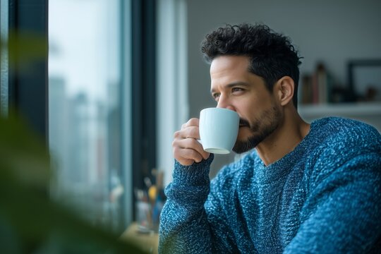 Serene man enjoys morning coffee near window contemplating city view peaceful morning routine
