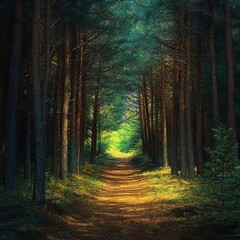 Pathway in the dark forest. Illustration. Computer drawing.