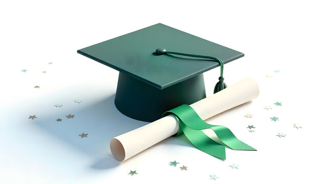 A green graduation cap and diploma with a ribbon, celebrating academic success on a white backdrop.