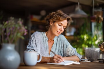 Woman writing in notebook at home cafe enjoying peaceful morning journaling self care