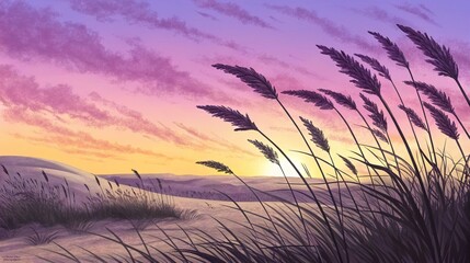 Tall Grass in Sunset Field with Purple Sky