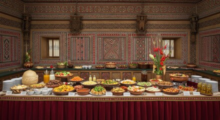 Fototapeta premium Exquisite buffet setup with diverse culinary offerings in elegant setting