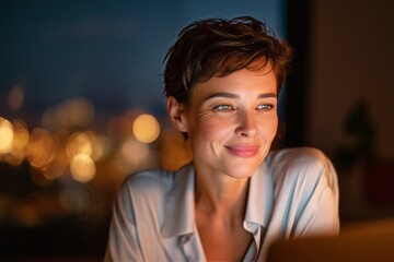 Woman working late at night enjoys city lights view from her window, illuminated by laptop screen glow