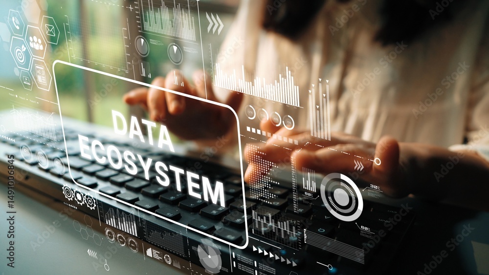Poster Hands Typing on Keyboard with Data Ecosystem Graphics and Visual Analytics on Screen in Modern Workspace. Asymptotic smart data analytic.