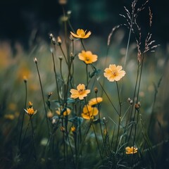 Beautiful yellow flowers on the meadow in vintage style, soft focus