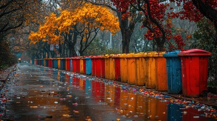 Autumn street scene with colorful trash receptacles