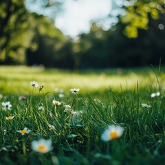 Beautiful spring background with daisies and bokeh effect