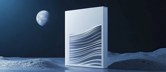 Futuristic white structure on moon-like landscape, under night sky.