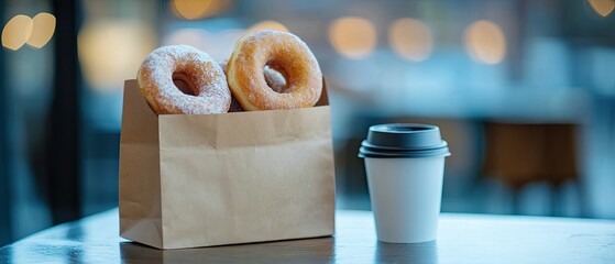Donuts in a paper bag next to a coffee cup on a table.