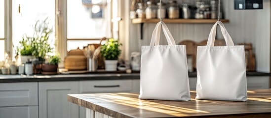 Two blank tote bags on kitchen counter.