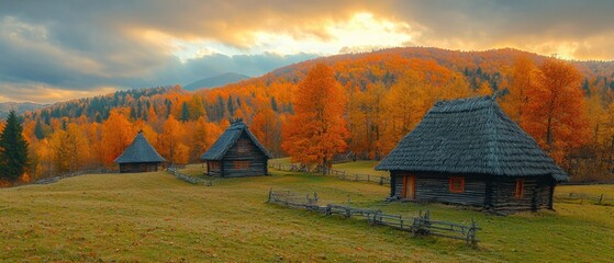 Autumn wooden houses in a valley